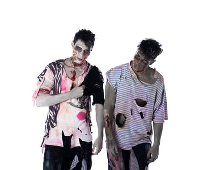 Two male zombies standing isolated on white background, looking at camera