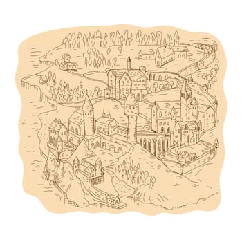Drawing sketch style illustration of a medieval fantasy map, cartography showing castle, village, church, tower, mountains and trees.