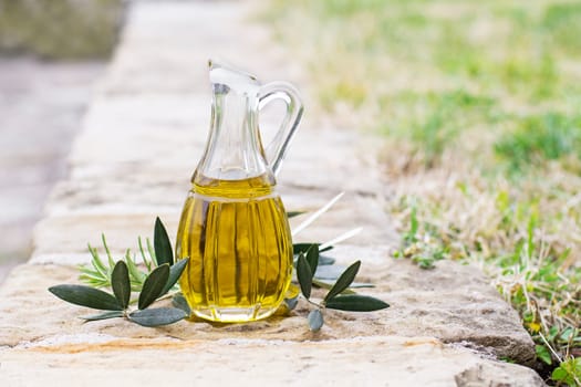 Olive oil bottle with herbs and branch in nature background