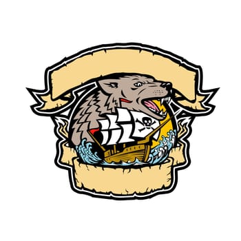 Retro style illustration of an angry seawolf or wolf head with galleon pirate ship below it framed from ribbon and banner on isolated background in full color.