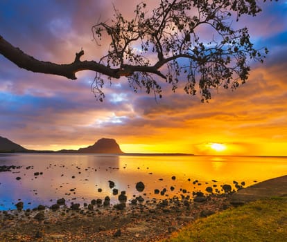 Amazing Landscape. View of Le Morne Brabant at sunset. Mauritius island.