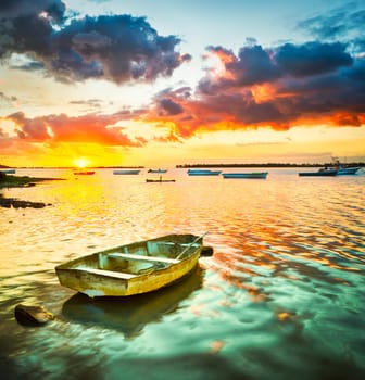 Fishing boat at sunset time.  Mauritius.