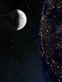 View of Earth's eastern hemisphere from above the Moon's surface, with stars in the background.