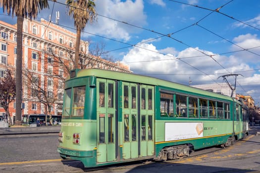 Rome, Italy, february 11, 2017: ancient tram moving in Piazza Risorgimento in Rome, Italy
