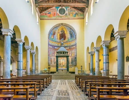 Rome, Italy, march 24, 2017: Interior with the central nave of the ancient basilica church of San Saba in Rome.