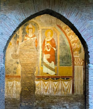 Rome, Italy, march 24, 2017: Ancient fresco inside the ancient basilica church of San Saba in Rome.