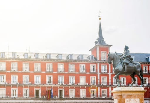 the equestrian bronze statue of king Philip lll in Plaza Mayor in Madrid, Spain