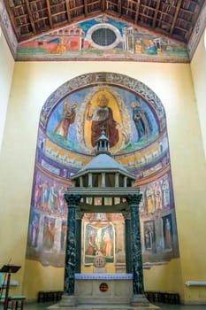 Rome, Italy, march 24, 2017: Interior with the central nave and the main altar of the ancient basilica church of San Saba in Rome.