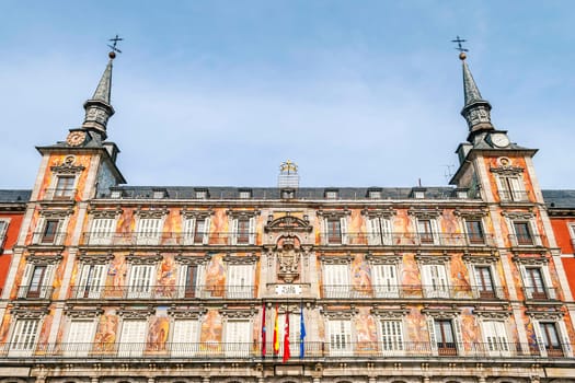 Frontal view of the Casa de la Panaderia on Plaza Mayor in Madrid, Spain.