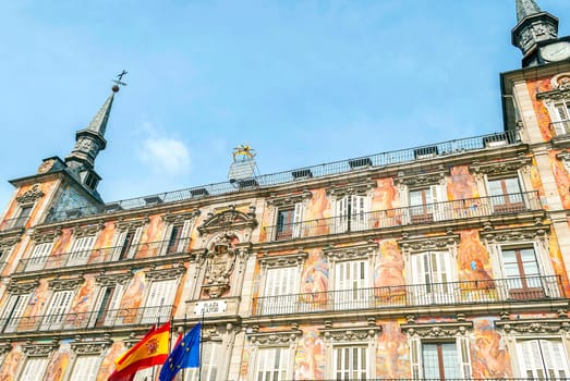 bottom view of the Casa de la Panaderia on Plaza Mayor in Madrid, Spain.