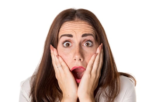 Stressed casual young woman isolated in a white background