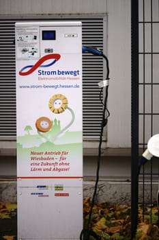 Wiesbaden,Germany - October 28,2017: A filling station for cars with electric drive and with an electric connection on October 28,2017 in Wiesbaden.