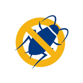 Icon style illustration for Stop Cockroach showing a cockroach set inside circle with a diagonal line in the middle on isolated background.