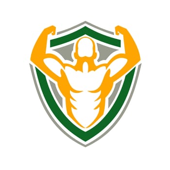 Icon style illustration of a Strongman Flexing some Muscles viewed from front on isolated background.