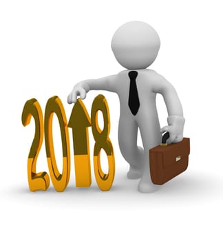 Golden 2018 with an arrow and happy businessman, 3d rendering
