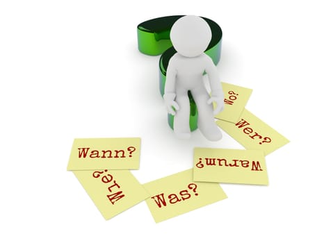 Small character sitting on a glossy green question mark, six sticky notes on the ground with the German words Why, When, How, Where, What and Who on a white background, 3d rendering