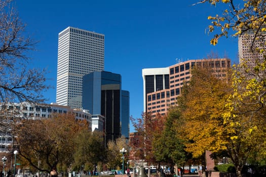 View from the city park on downtown Denver and blue sky on a clear sunny day.