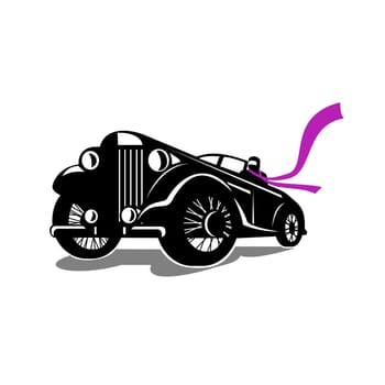 Retro style illustration of a vintage roadster, coupe classic automobile with top down and driver with flowing scarf viewed from a low angle on isolated background.