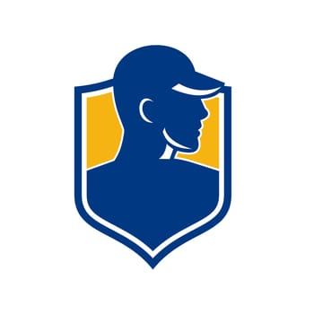 Icon style illustration of an Industrial Worker wearing hat set inside shield Crest on isolated background.