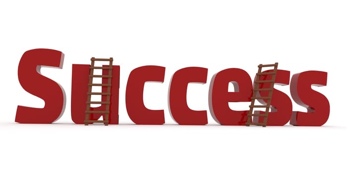The word success with two ladders on a white background, business concept image, 3d rendering