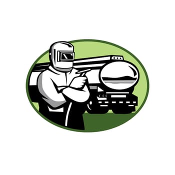 Retro style illustration of a tig welder with welding torch and tanker truck or tank truck set inside oval on isolated background.
