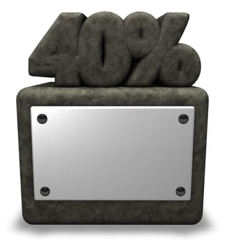 the number forty and percent sign on stone base - 3d rendering