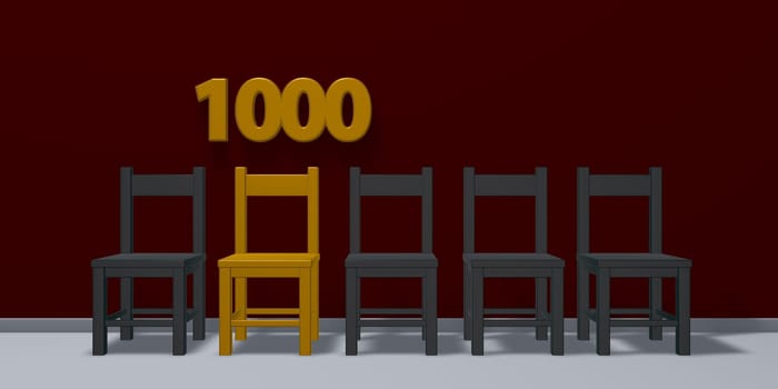 the number one thousand over a row of chairs - 3d illustration