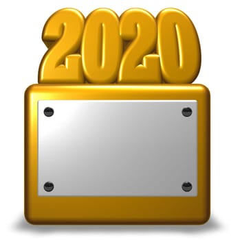 year 2020 on base with empty shield - 3d rendering