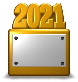 year 2021 on pedestal with empty shield - 3d rendering