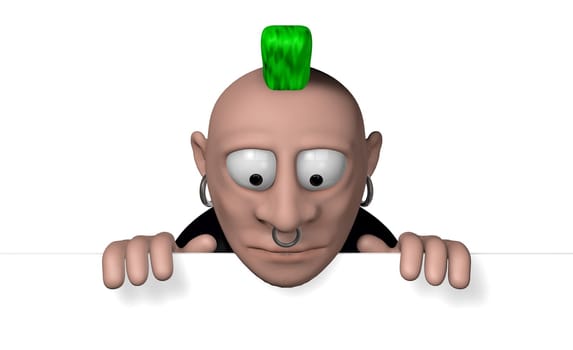 cartoonfigur punkrocker looks at empty white sign - 3d illustration