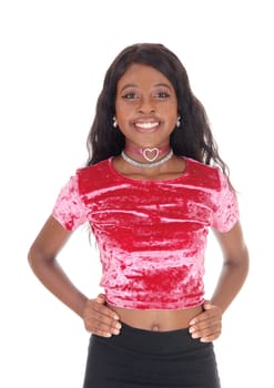 A close-up portrait of a African woman in a pink blouse with her hands .on her hips, smiling, isolated for white background.