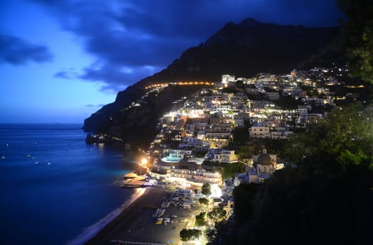 Evening view of Positano, Amalfi Coast, Campania, Italy.
