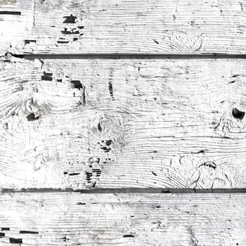 Wooden wall with white paint is severely weathered and peeling