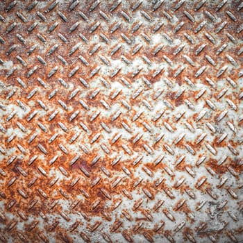 Steel floor for background or texture. Front view of a rusty panel with non-slip surface.