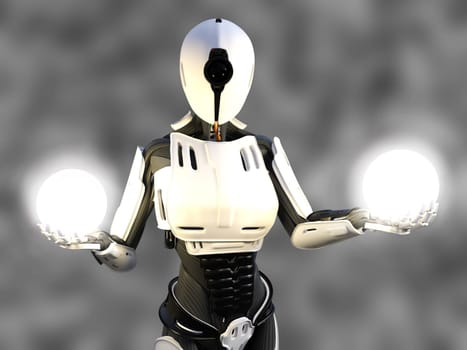 3D rendering of a female android robot holding two glowing spheres of energy or light in her hands against a gray background.