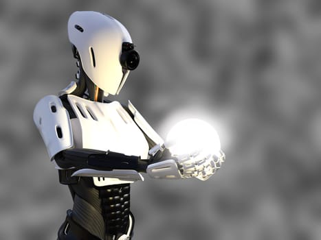 3D rendering of a female android robot holding a glowing sphere of energy or light in her hand against a gray background.