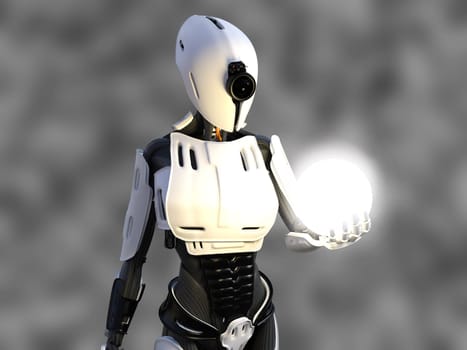 3D rendering of a female android robot holding a glowing sphere of energy or light in her hand against a gray background.