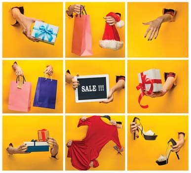 The collage with female hands holding a presents through a torn yellow paper, the sale and shopping concept