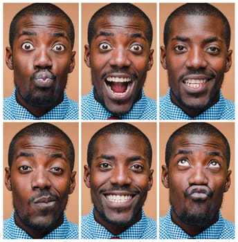 The collage from images of a very happy afro american man showing emotions in studio on pink background