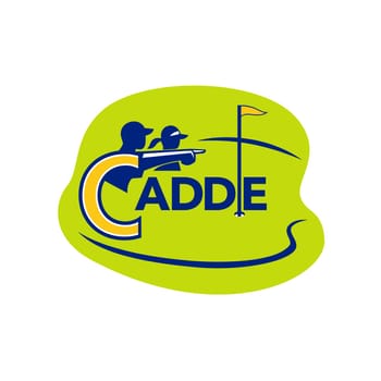 Icon style illustration of a caddie pointing with golfer set inside golf course on isolated background.