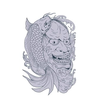 Drawing sketch style illustration of a hannya mask, a Noh theater mask representing a jealous female demon with metallic eyes and a leering mouth with koi fish on side.