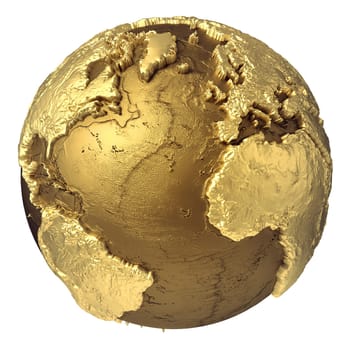Golden globe model without water. Atlantic Ocean, Europe, Africa, North and South America. 3d rendering isolated on white background. Elements of this image furnished by NASA