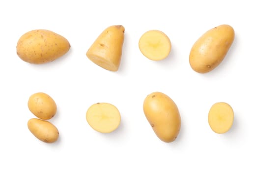 Potatoes isolated on white background. Flat lay. Top view
