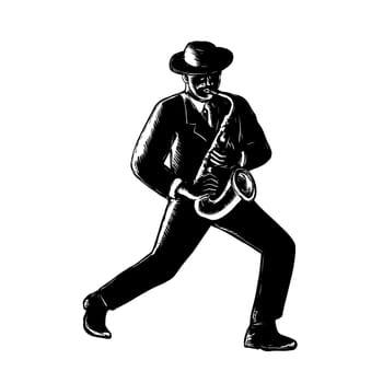 Retro woodcut style illustration of an African-American black jazz musician playing sax or saxophone viewed from front in black and white.