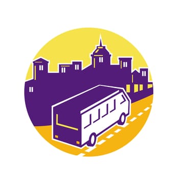 Retro style illustration of a toursit van or shuttle on city street with cityscape or urban landscape buildings set inside circle on isolated background.