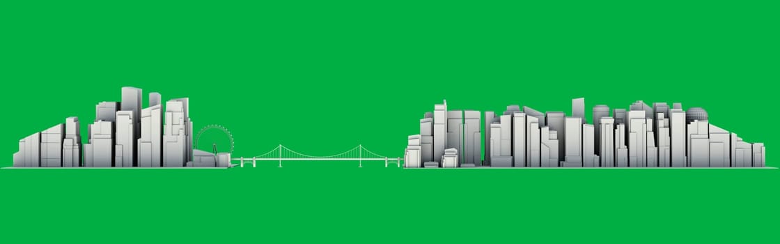 3d illustration of a city skyline isolated on green background for cutout