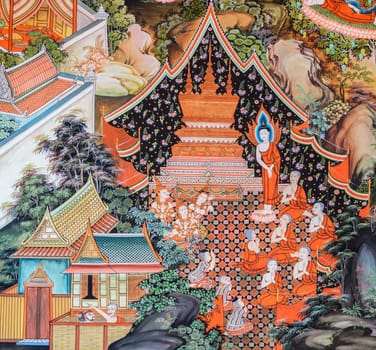 SUPHAN BURI, THAILAND - JANUARY 31, 2014 : Buddhist temple mural painting (The life of Buddha) inside of Wat Sampasiw in Suphan Buri, Thailand