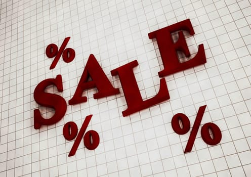 Dimensional inscription of SALE and percents near it. 3D illustration.