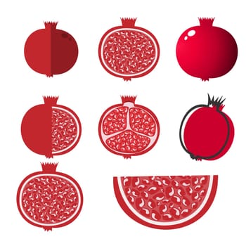 Whole pomegranate design juicy fresh fruit icon set. Raw red pomegranate flat cartoon vector illustration template.