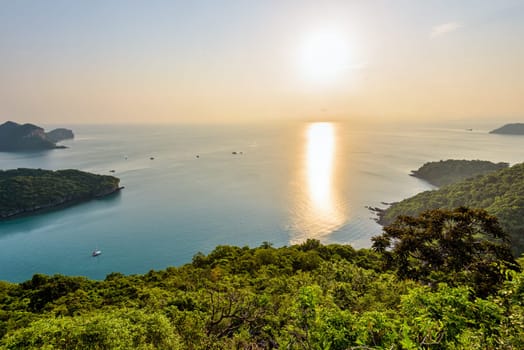 High angle view from Ko Wua Ta Lap island, beautiful nature landscape of sunrise over the sea in Mu Ko Ang Thong National Marine Park is a famous tourist destination, Surat Thani, Thailand